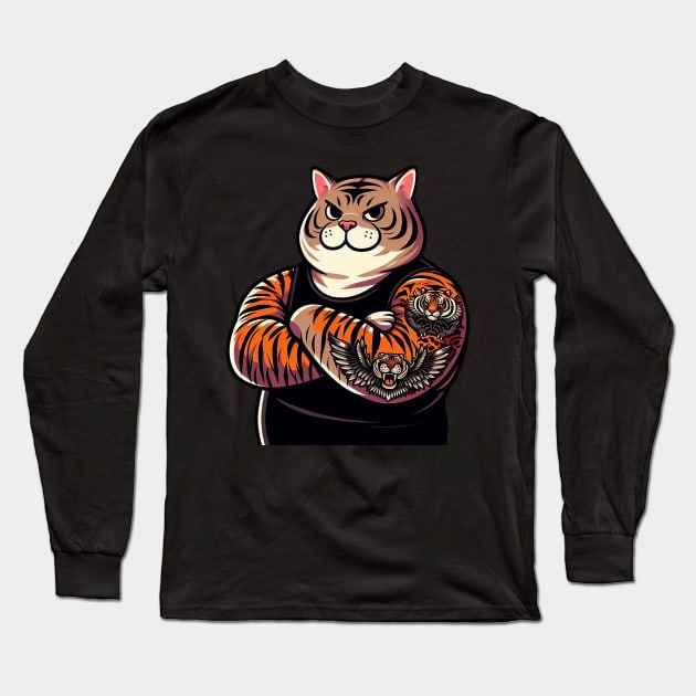 Chubby Tabby Cat with Cat Tattoo Long Sleeve T-Shirt by Plushism